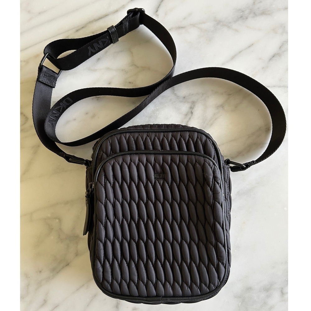 DKNY Black Quilted Nylon Crossbody Bag Logo Strap Smocked Camera Mens Womens - Picture 14 of 14